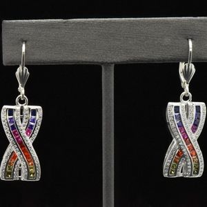 Silver Rainbow Sapphire X Design Dangle Earrings